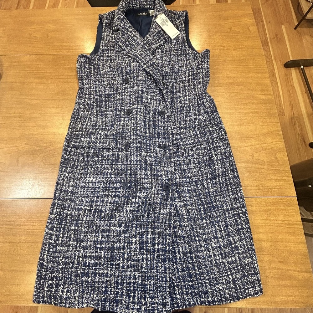 Lauren Ralph Lauren Dress Womens 10 Blue Cotton Blend Tweed Long Double Breasted
